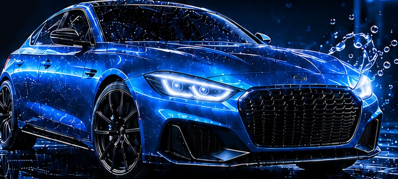 Voiture bleue métallisée brillante, couverte de gouttes d'eau après un nettoyage professionnel SAWASH